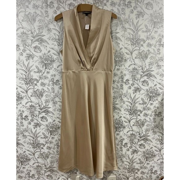 Banana Republic Beige Champagne Satin Midi Sleeveless Cocktail Party Dress Sz 12 - Picture 2 of 15